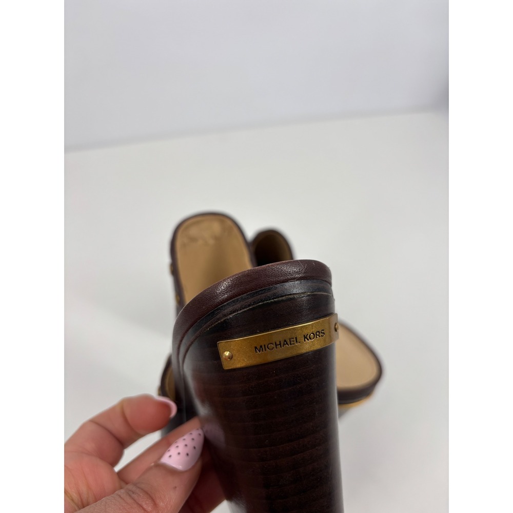 Michael‎ Kors Mules Womens 10M Brown Leather Studded Block Heel Clogs - Picture 7 of 10